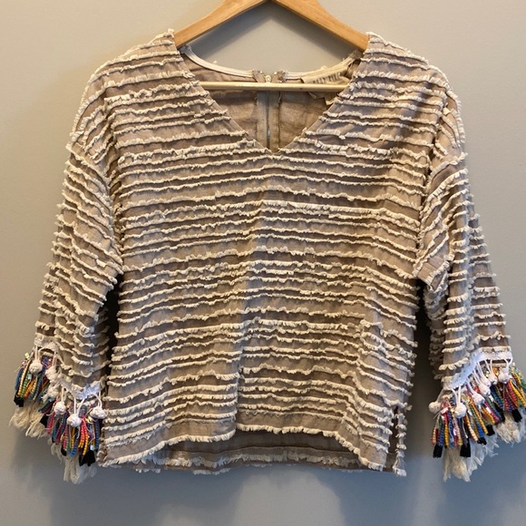 Moon River Tops - Moon River Tan Striped Festival Fringed Sleeve Top